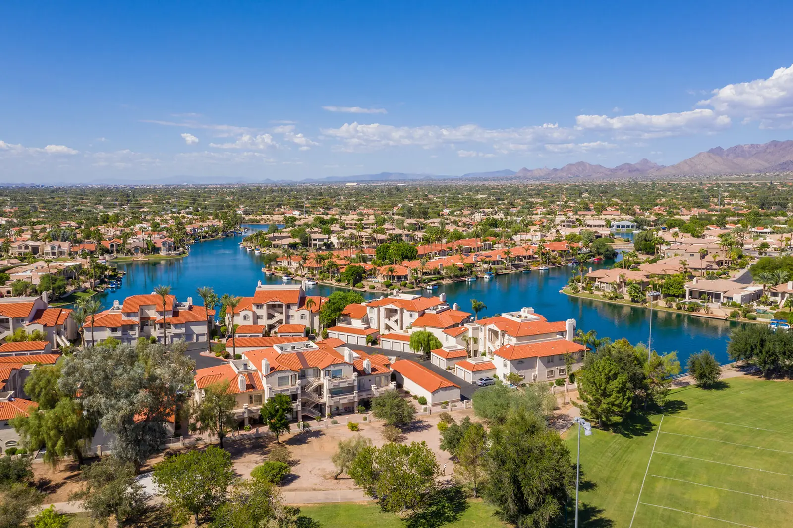 Lakeside residential community from the air on a clear day